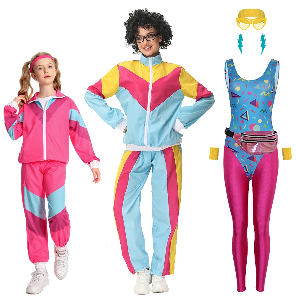 6 ピース/セット女性レトロ 80 年代 90 年代レギンスコスプレ衣装変装レディースメンズ大人子供スポーツウェアセットハロウィンカーニバルパーティースーツ