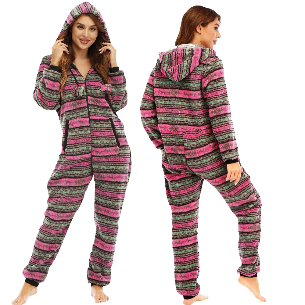 Winter Warm Jumpsuits Pyjamas Women's Zip Up Onesies Flannel Sleepwear Hooded Pajamas Sets Loose Women Loungewear