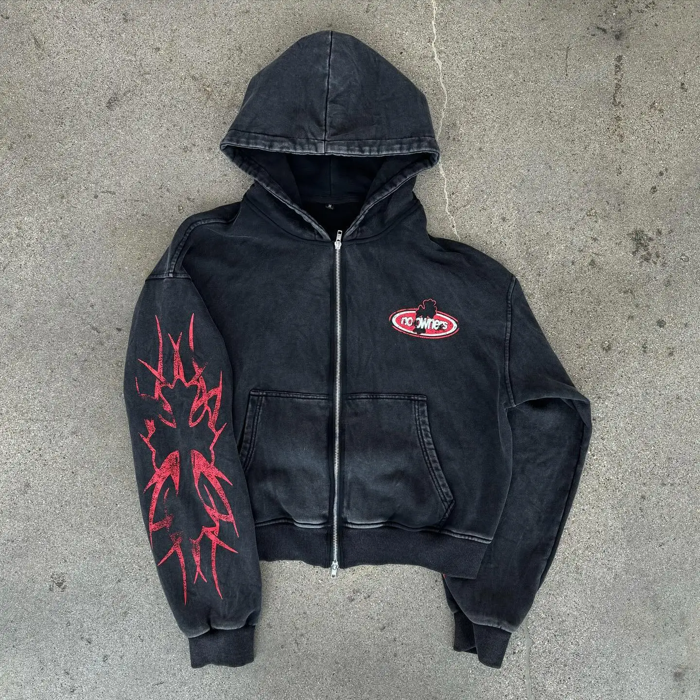 Trendy Fashion Acid Wash Zip Up Hoodie Harajuku Retro Gothic