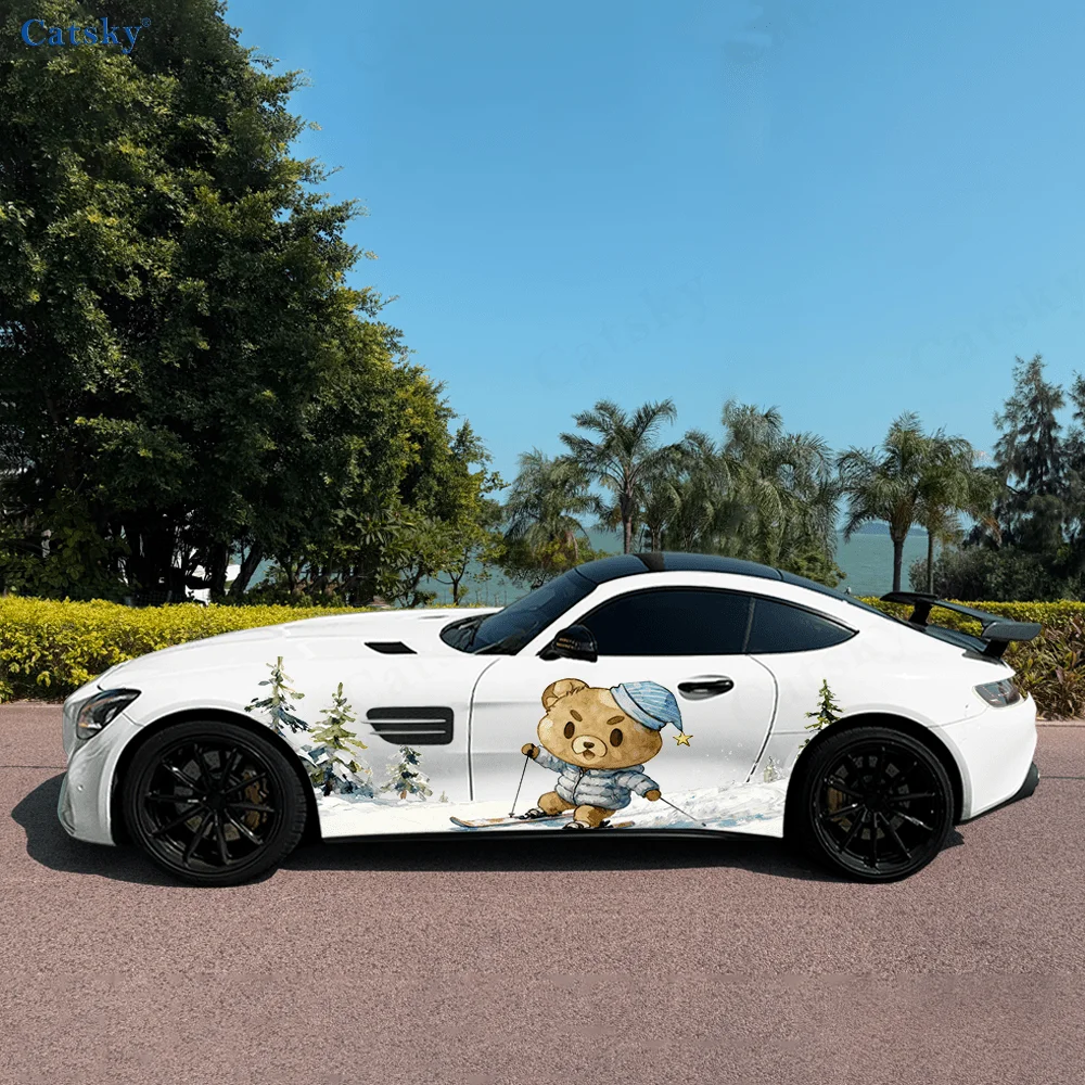 Cute pajama teddy bear creative pattern stickers for car body and door side, fashionable stickers, two pieces of decoration suit