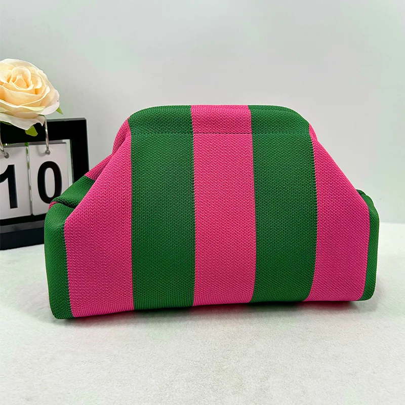 Sommer-Strand-Clutch für Damen, gewebte Häkel-Handtaschen, Geldbörsen, Stricken, Knödel-Clutch, gerüscht, niedliche Wolke, lässige Colorblock-Tasche – Detail 3
