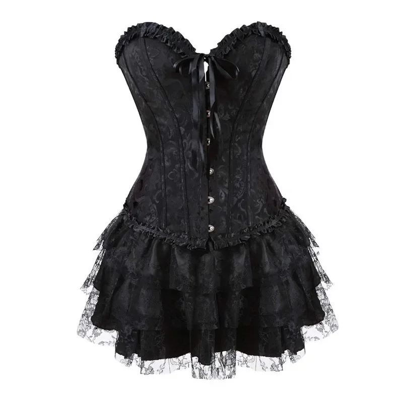 Sapubonva Corset Dress Lace Bustier Skirts Top Set Sexy Women Gothic Victorian Lolita Costume Vintage Lingerie Plus Size Black