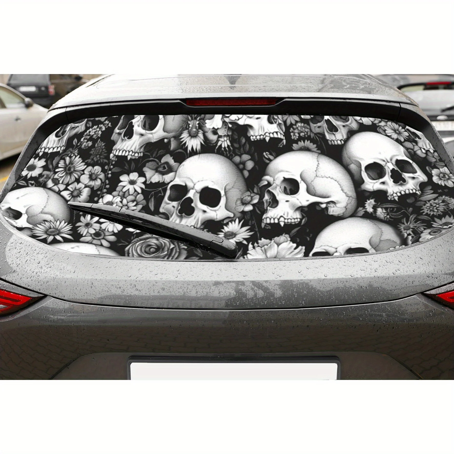 

Black and White Skull and Flower PVC Perforated Car Vinyl Wraps, Durable Car Rear Windshield Sticker, Waterproof Car Rear Window