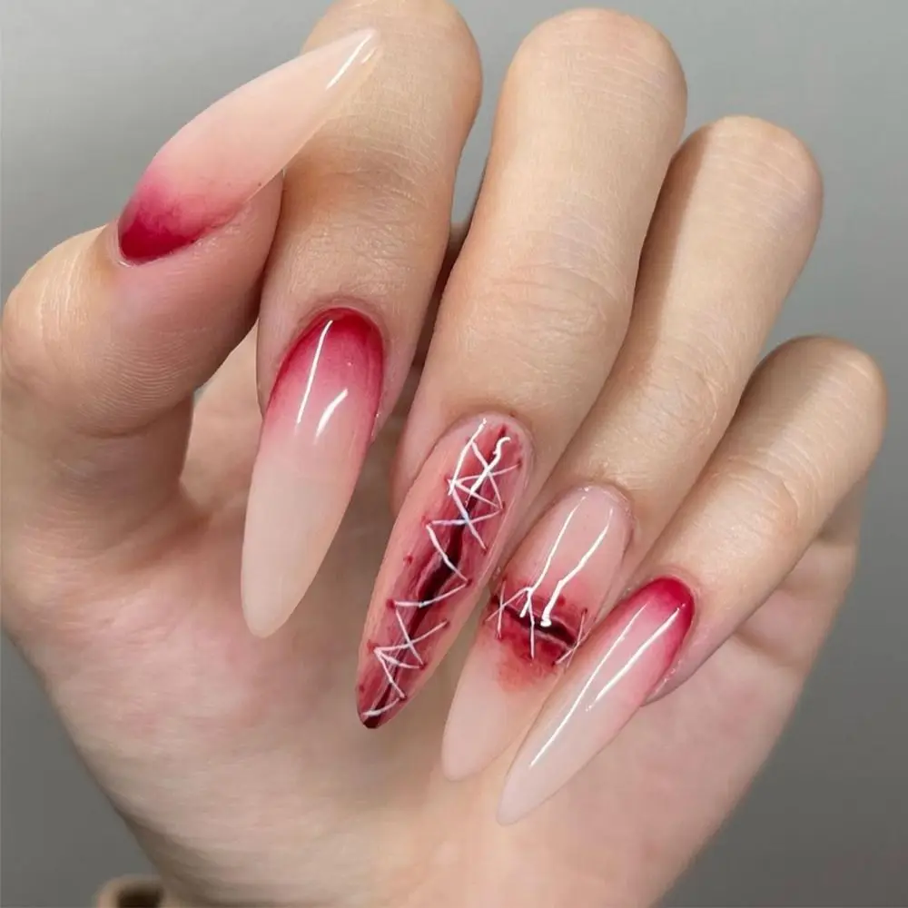 

24pcs Manicure Long Almond False Nails Stiletto Ballerina Fake Nials Cute Cherry Halloween Bat Press on Nails Women