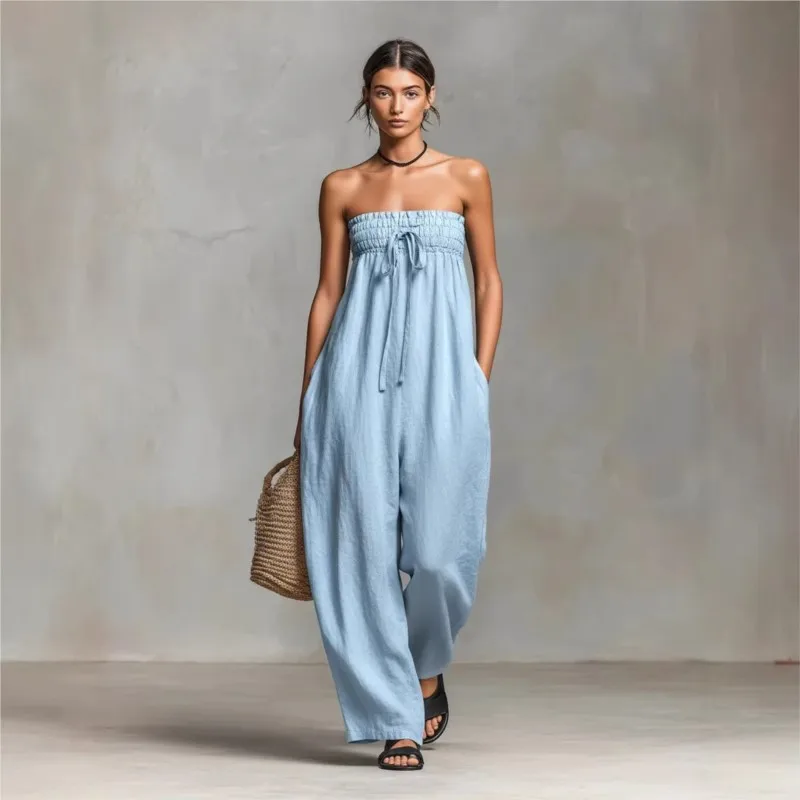 

Spring Sexy Off Shoulder Backless Jumpsuit Woman Ruched Tie Strapless Hollow Romper Lady Summer Sleeveless Casual Beach Overall