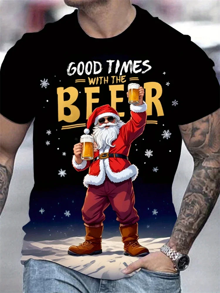 Santa Claus With Gun Print Men's Short Sleeve T-Shirt Loose Casual Breathable Sport Top Men's Summer Fashion T-Shirt Clothing