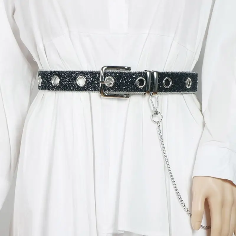 Sparkly Women Leather Belts Single Grommet Detachable Chain 1.3