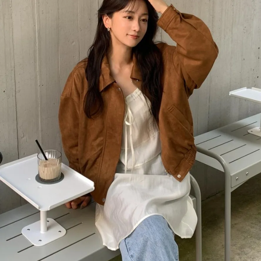 معطف نسائي أنيق من جلد الغزال لراكبي الدراجات النارية طويل Sve فضفاض مناسب للخريف والشتاء متعدد الاستخدامات ملابس خارجية للتخسيس معطف للسيدات