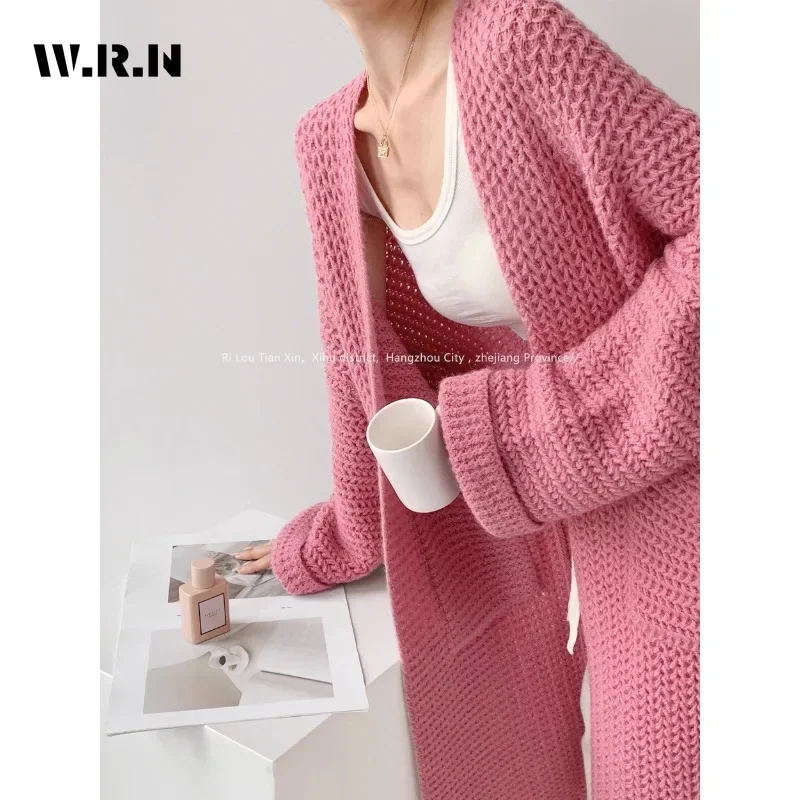 Women Sweet Style Solid Color Knitting Long Sleeve X-long Cardigans 2024 Winter Fashion Chic Casual Simple Oversized Sweater