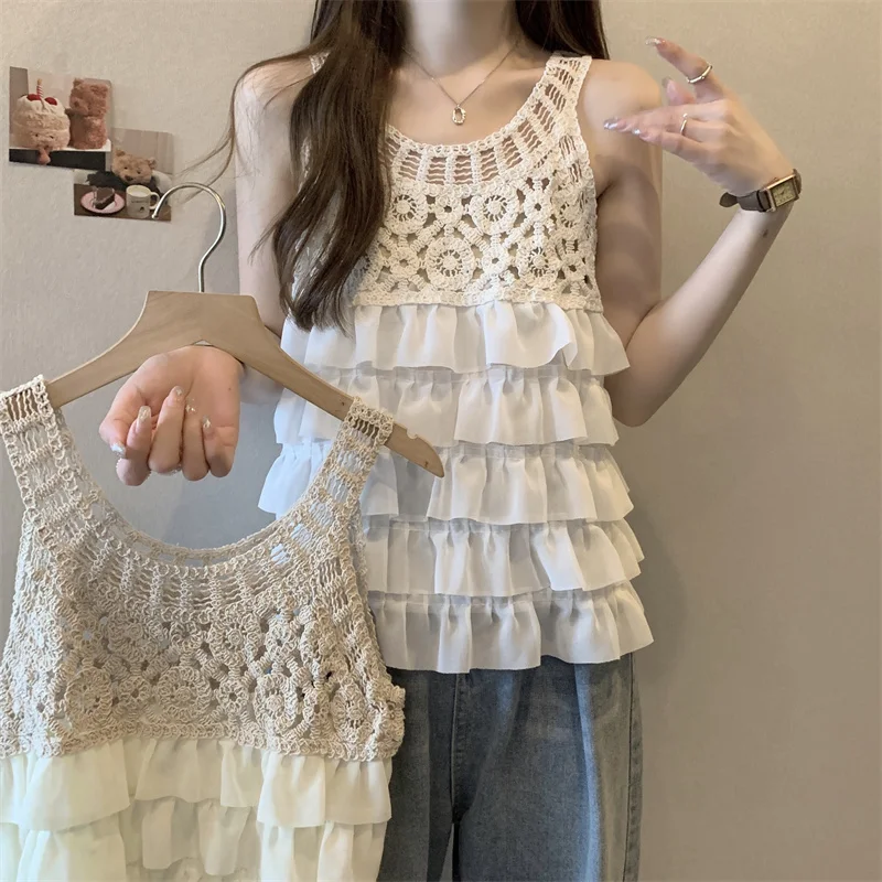 

Летний женский топ с кружевной вышивкой, круглым вырезом, на коротких бретельках, в стиле французской моды, белый, милый, элегантный