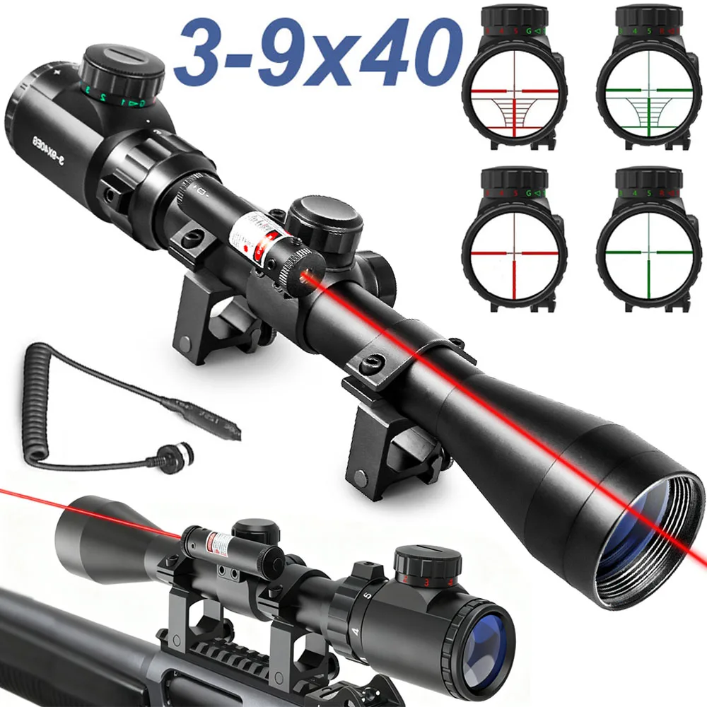 Alcance telescópico 3-9x40 mira telescópica con mira láser roja óptica de caza 2 en 1 mira para Rifle Combo Airsoft para riel de 11mm/20mm