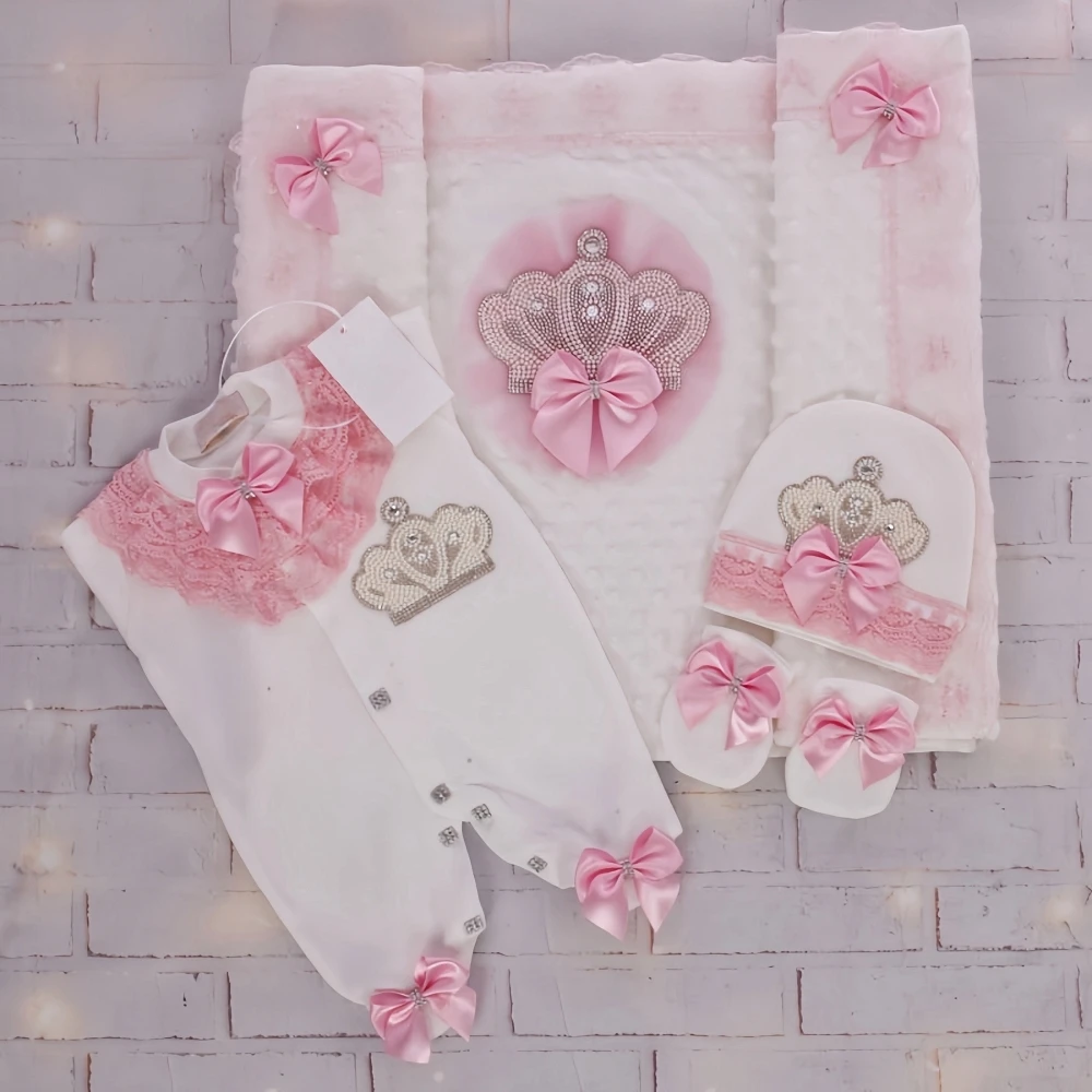 Poppen Pasgeboren Baby 4 Stuks Inbakdeken Romper Outfit Franse Borduurwerk Kant Baby Handgemaakte Ziekenhuis Uitgang Beddengoed Set