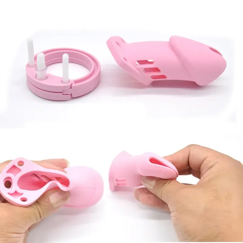 Pink Soft Silicone Male Chastity Cage Device Gimp Small/Large Lockable Ring Sex Toys with 5 Cock Ring Penis Sleeve for Men BDSM