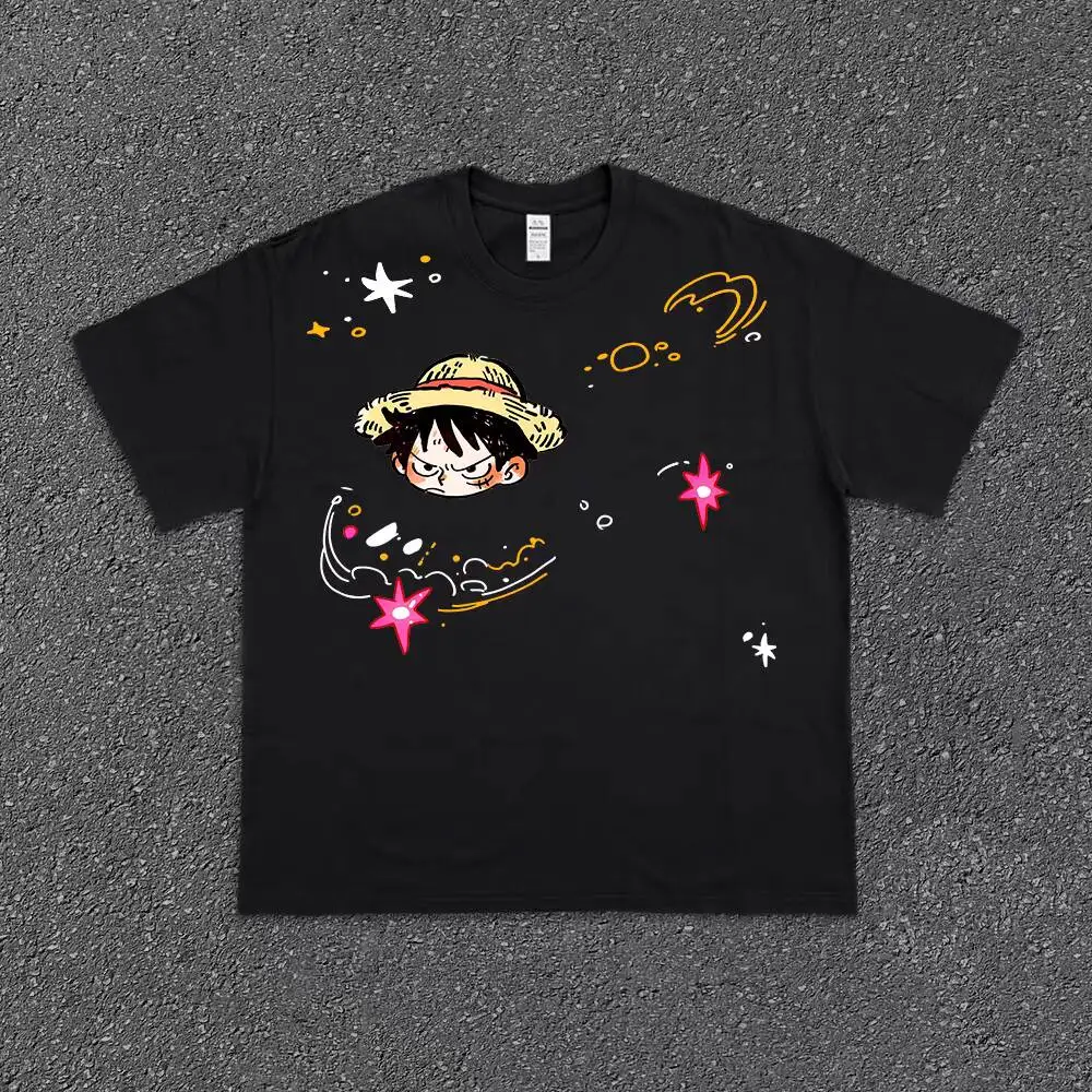

Miniso 2025 Anime ONE PIECE Cartoon Cute T-shirt Design Luffy Printing Cotton women men T-shirt Short Sleeve