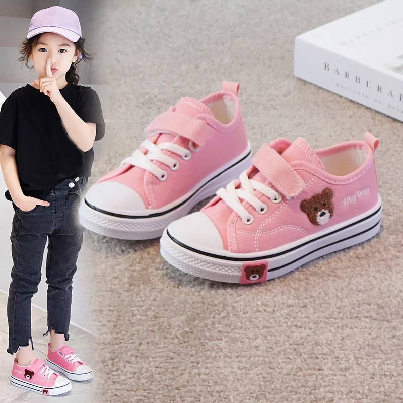 Kids Girls Canvas Shoes New Boys Board Shoes Cartoon Bear Children Cloth Shoes Little Girl Students Soft Bottom Casual Sneakers