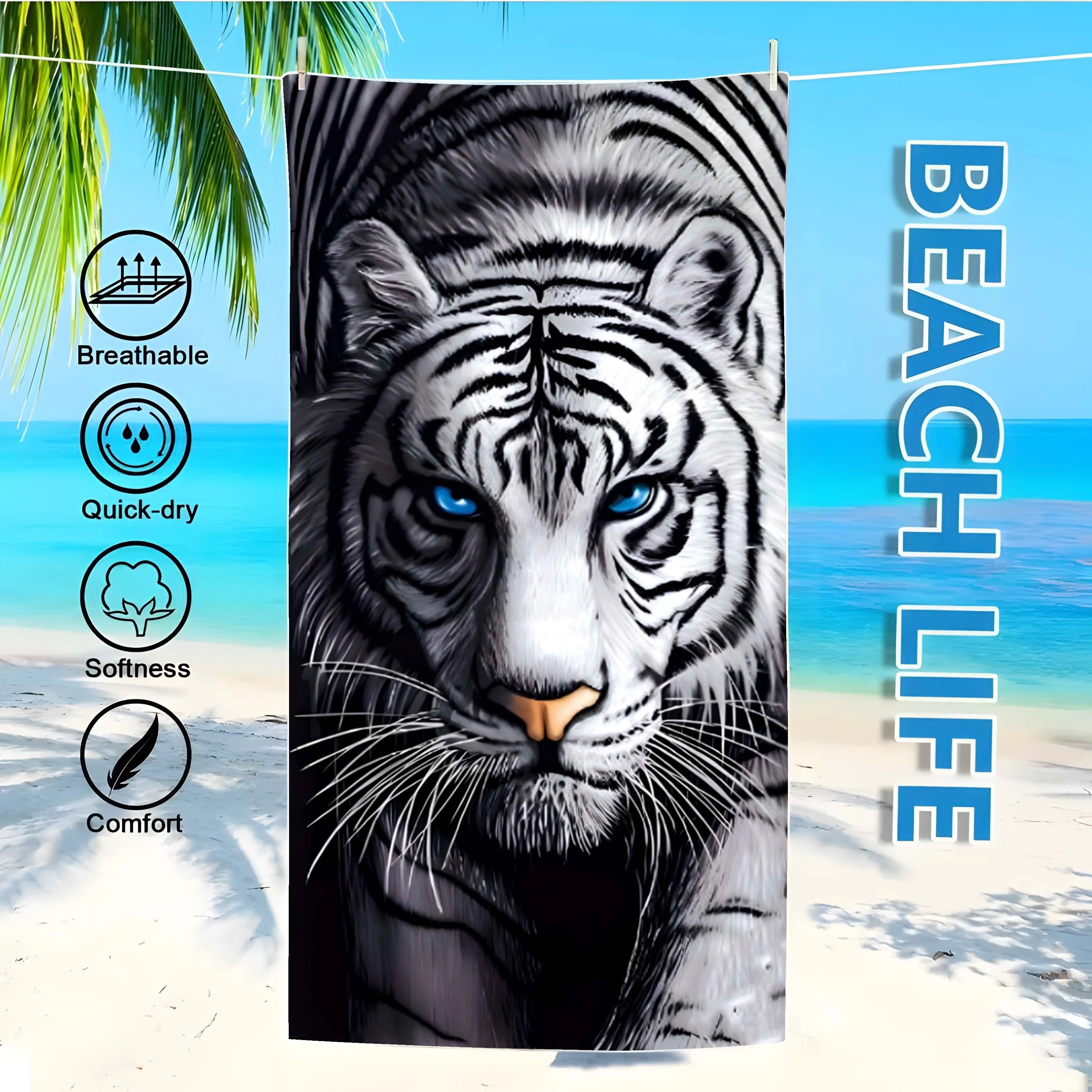 Beach Towel with Striking White Tiger Design: Breathable, Quick-dry, Soft, Comfortable for Beach Life Suitable for towels