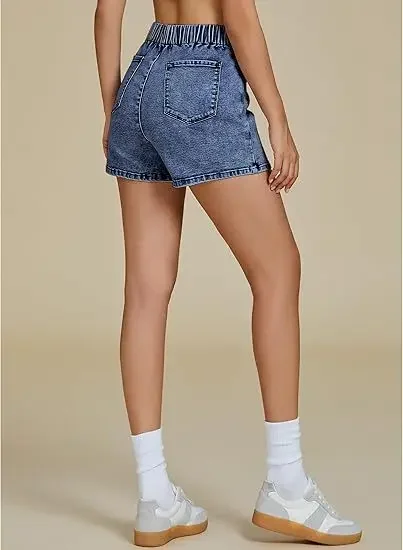 Women Denim Short Pants Elastic Waist Pleated Straight Trousers Y2k Streetwear Beach Skirt Pant Work Causal Washed Slim Fit 2026 view 5