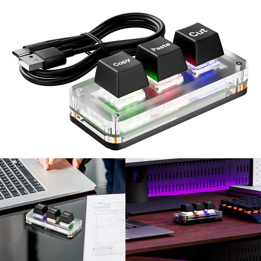 RGB 3 Keys Macro Programming Mini Keyboard for Photoshop Gaming Hotswap Programming Keypad Copy Paste Mini Button Macropad