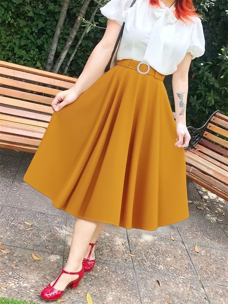 

1950-е годы однотонная красная желтая трапециевидная элегантная винтажная повседневная женская юбка для вечеринок с поясом Хепберн праздничные универсальные короткие юбки для вечеринок