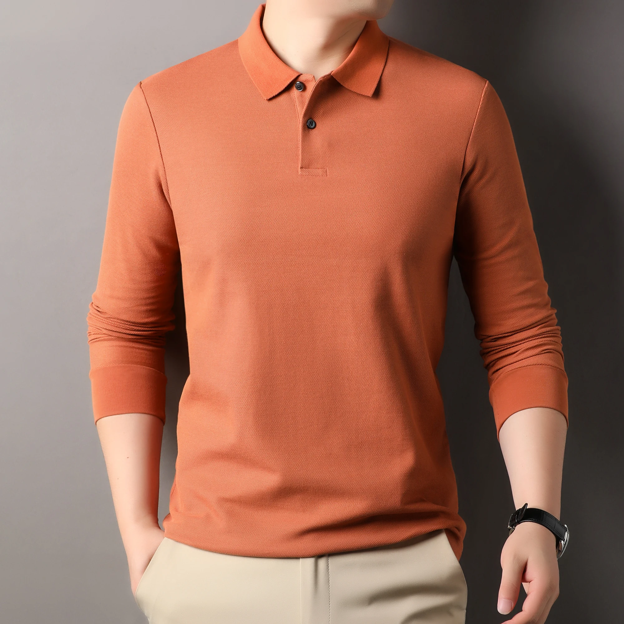 New 2024 Autumn Classic Solid Men\'s Polos 100% Pure Cotton Long Sleeve Business Tops Long Sleeve Male 10 Colors Polo Shirts