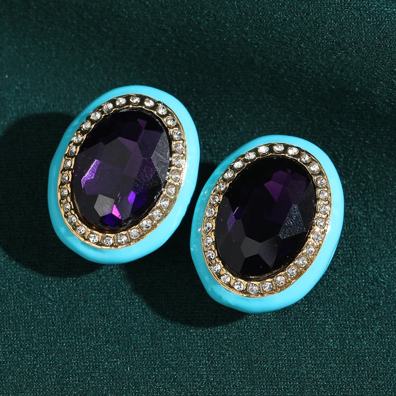 

Vintage Stud Earrings Round Blue Enamel Jewelry Purple Crystal Designer Luxury For Ladies Retro Style 2025 New Trends Christmas