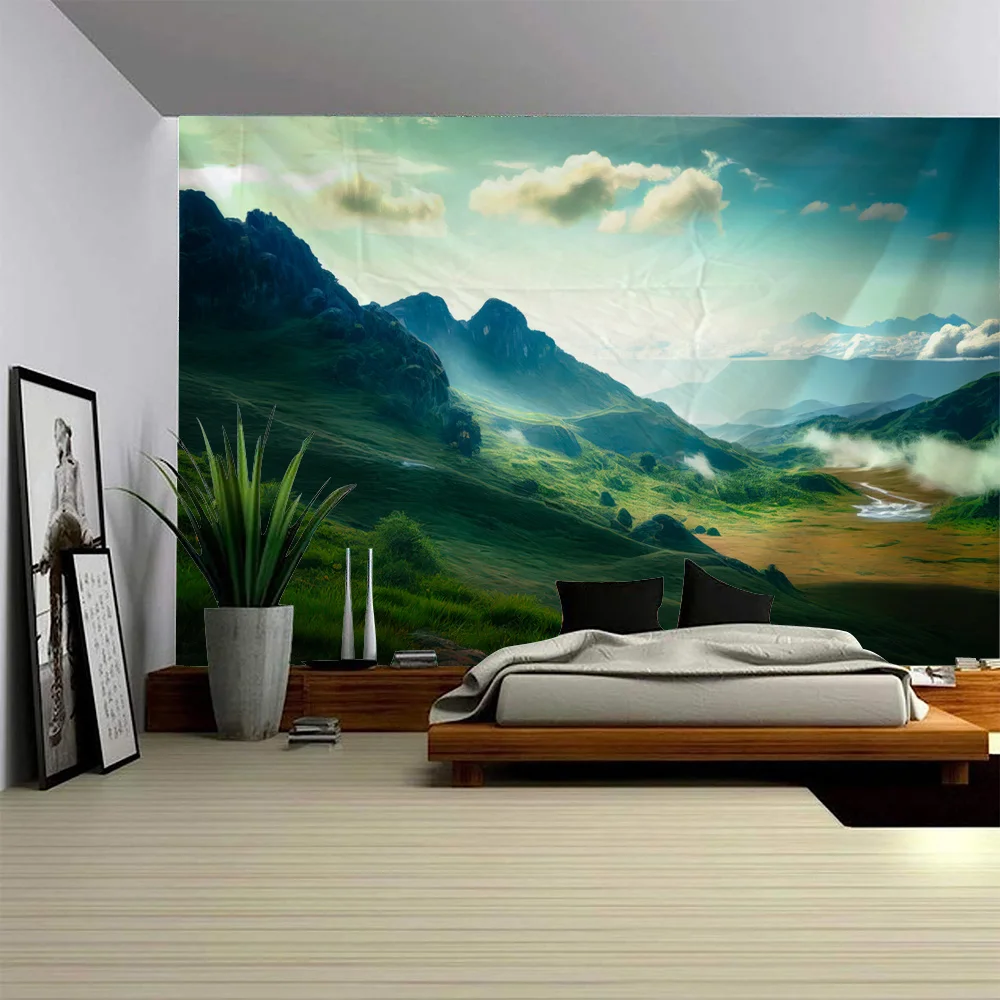

Dreamy landscape tapestry, grassland forest wall hanging cloth, living room and bedroom background, aesthetic home decoration