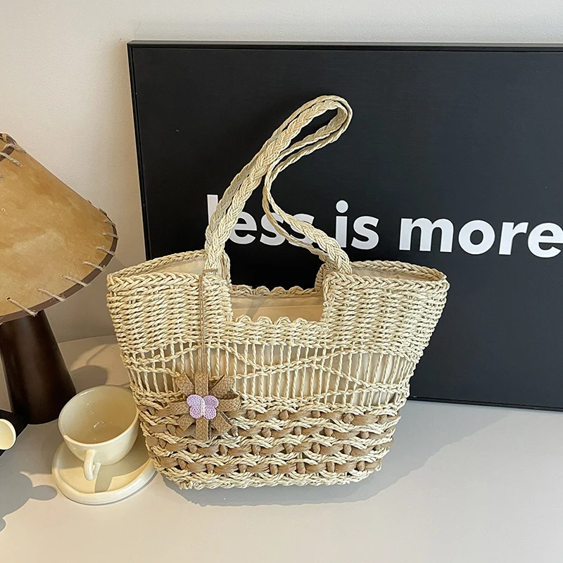 

Новинка весны 2025 года, горячая распродажа, повседневные соломенные тканые сумки на плечо, большие вместительные молодежные однотонные сумки на молнии для женщин