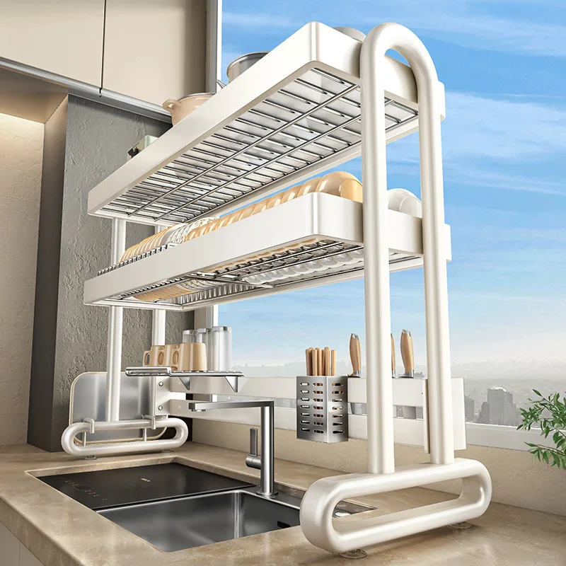 ‌ تجفيف الأطباق المثبت على الحوض شديد التحمل، حامل أواني قابل للتعديل، برج تخزين المطبخ المقاوم للصدأ، منظم أدوات المائدة القابل للطي