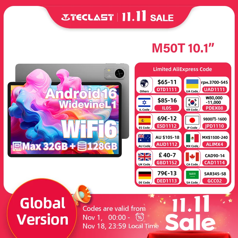 테클라스트 M50T 안드로이드 16 태블릿 PC 10.1인치 맥스 32GB RAM 128GB ROM AllWinner A537 7000mAh 배터리 WiFi-6 글로벌 버전