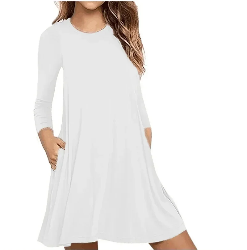 New Solid Color Long Sleeve Pocket Dress 2024 Spring and Autumn Loose Knee-Length Dresses New Women's Casual Dress