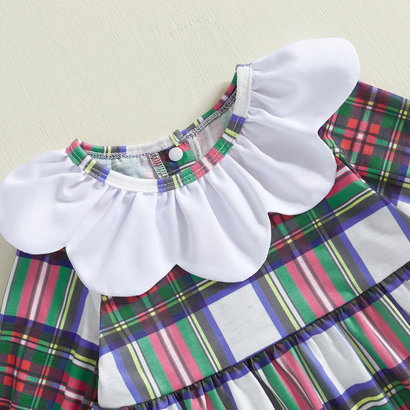 Girls Autumn A-line Dress Long Sleeve Doll Collar Plaid Princess Dresses with Bloomer Shorts