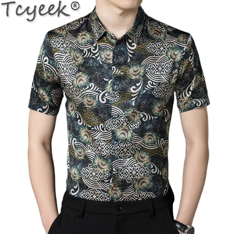 Tcyeek 92.5% Mulberry Silk Mens Shirts Summer Shirt Thin Style Men Clothes Fashion Short Sleeve Shirt Business Casual Top 2024