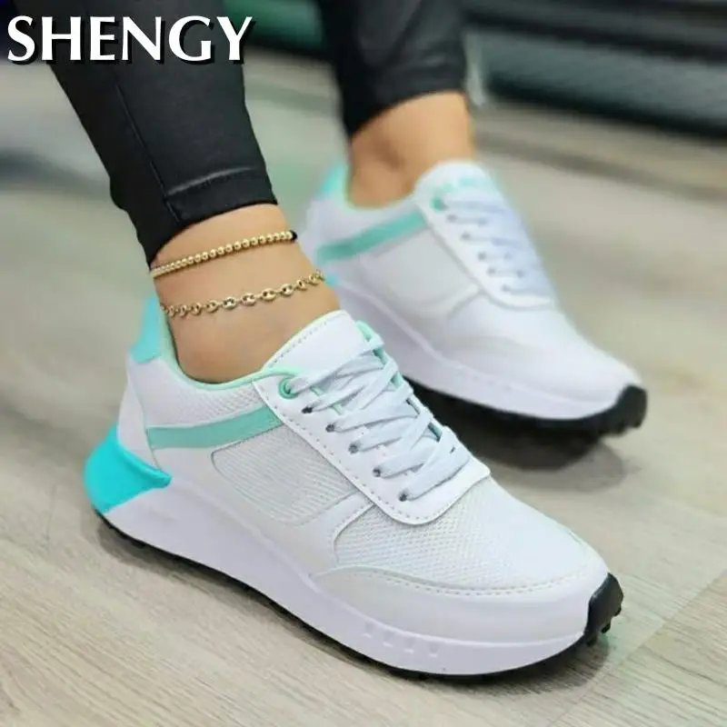 2023 New Women Sneakers Mesh Breathable Wedges Sports Shoes Fashion Mixed Colors Lace-Up Casual Lady Vulcanized Shoes Zapatillas