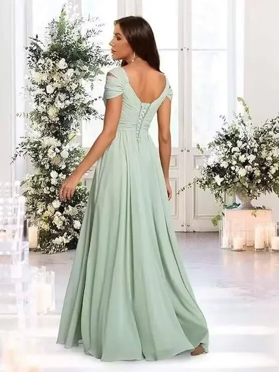 Vestido de dama de honor con hombros descubiertos y bolsillos de gasa con volantes y cuello en V, vestidos de noche formales con abertura, vestido de fiesta