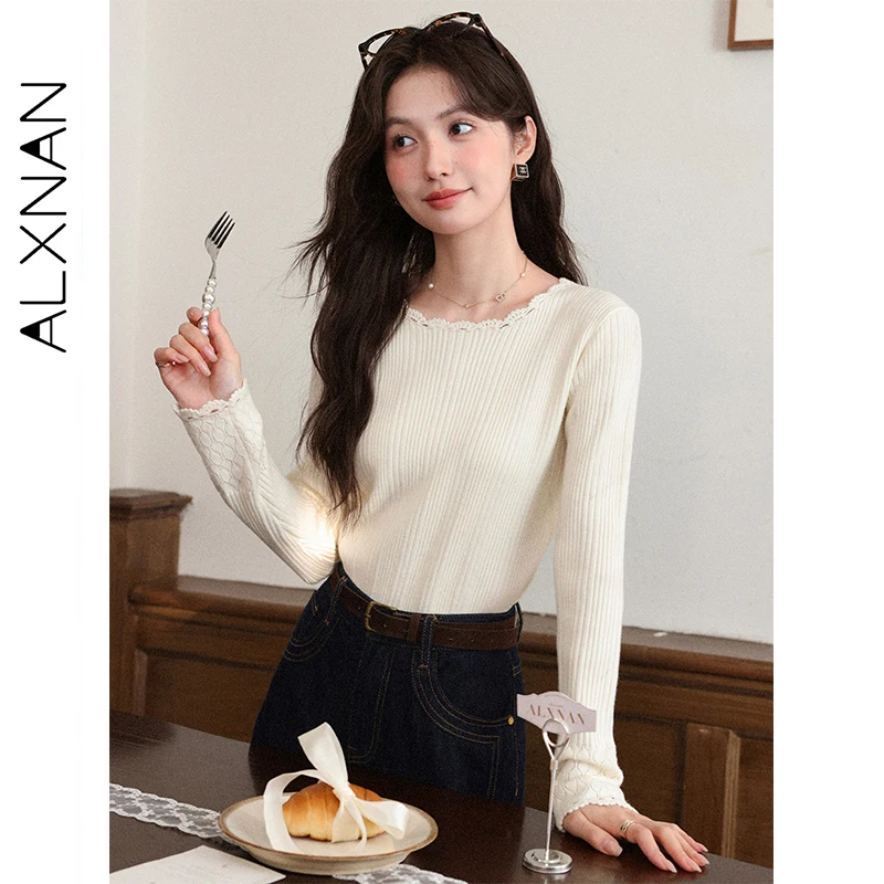 

ALXNAN абрикосовый свитер с кружевным лоскутным воротником и выдолбленными плечами, вязаный пуловер, тонкие универсальные женские топы L58727