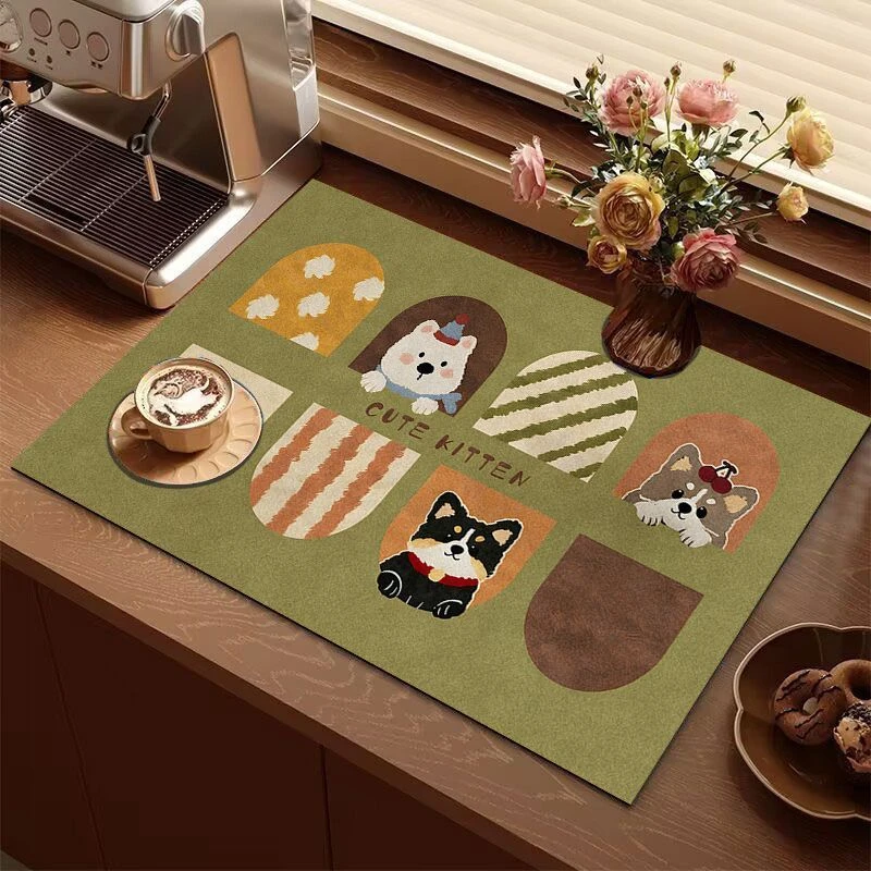 VIKAMA Kitchen Drain Mat Cartoon Cat Checkerboard Fruit Print Dish Drying Mat Water Absorbent Quick Dry Anti Slip Soft