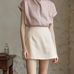 Japanese Style Linen Cotton Straight Shorts Skirts Women's Side Split Slim Casual Double-Layer Shorts Chic Fake Two Clothes