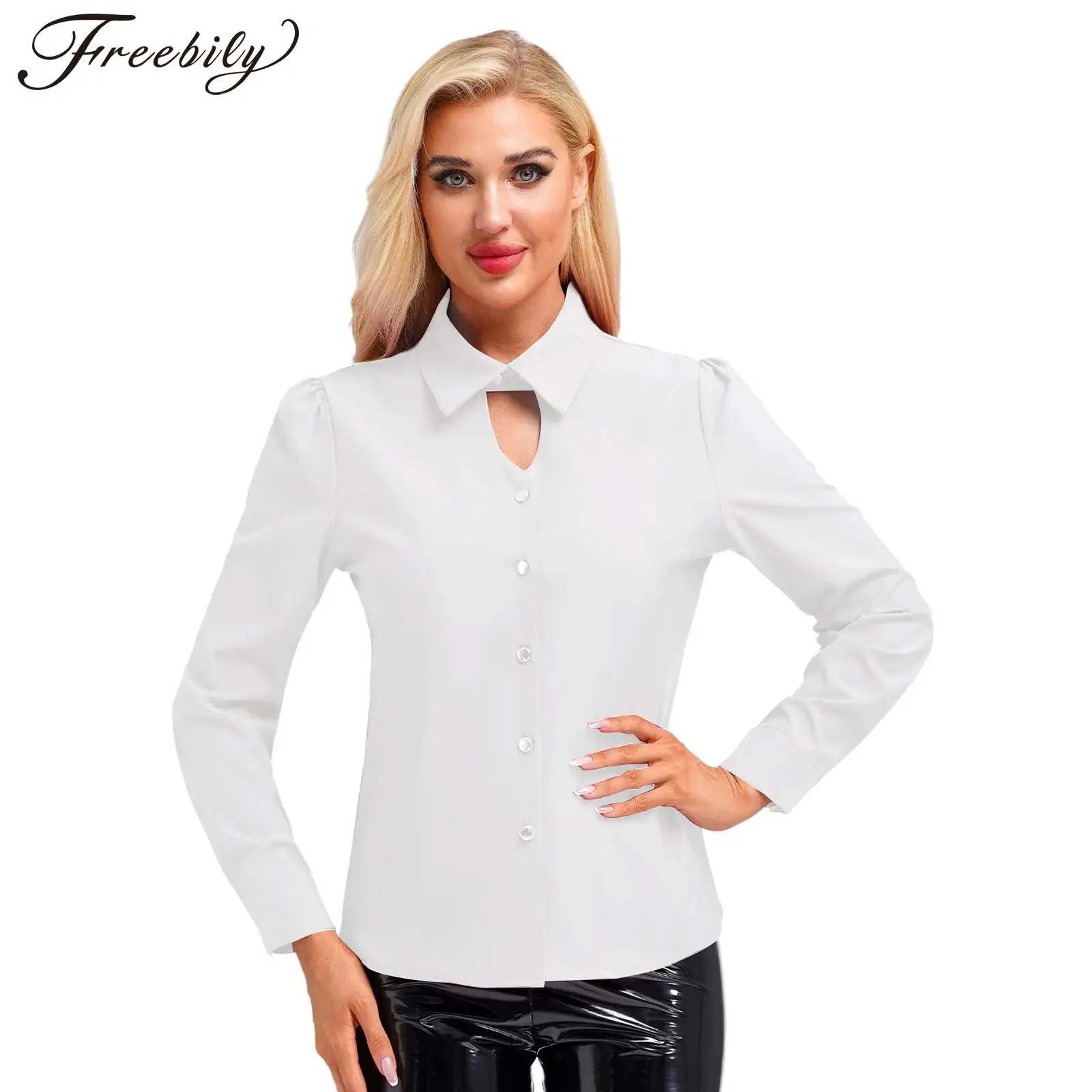 Women Shirts Long Sleeve Lapel Hollow Out Button-down Shirt Tops for Work Office Lady Business Workwear Commute OL Clothes