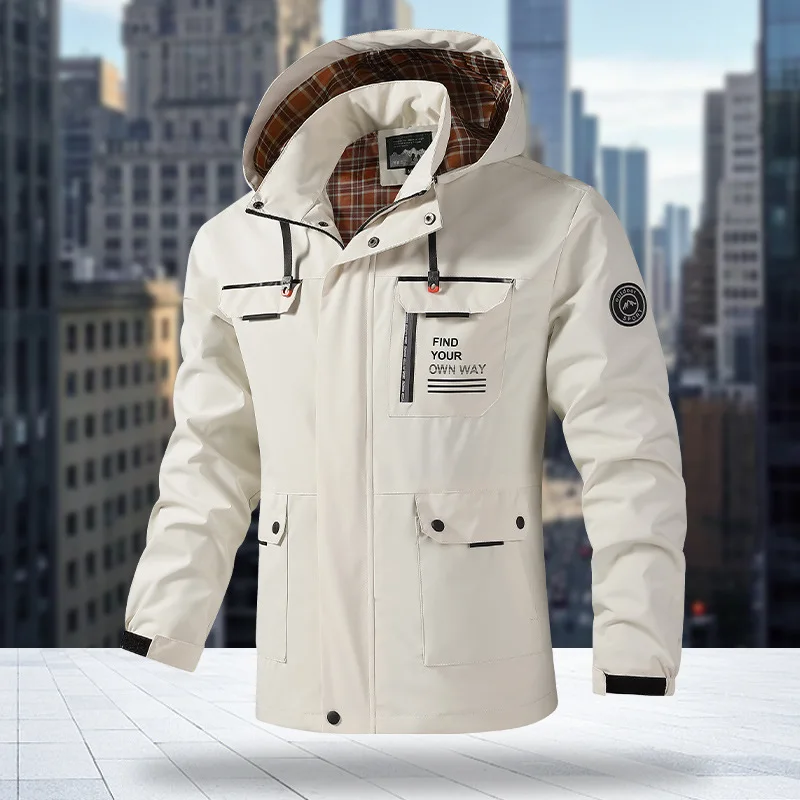 

Men Autumn Parka Jacket Hooded Detachable Stand Collar Loose Fit Multi-Pockets (Flap/Chest/Side/Inner) Outdoor Casual Outerwear