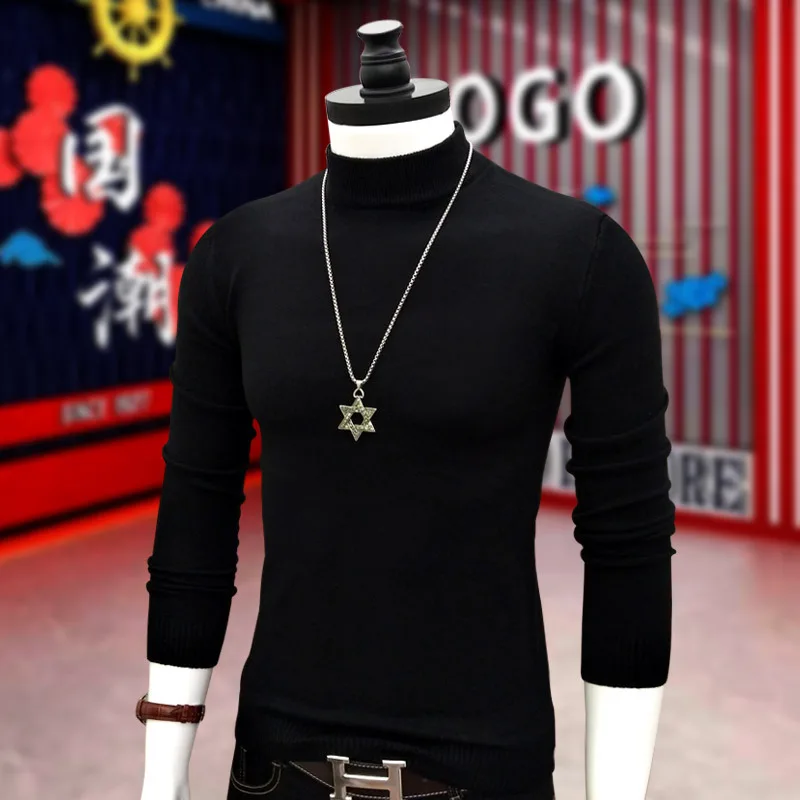 

Men's Knitted Sweater Base irt f High Collar Slim Fit Youth Pure Bla Casual Sle Comfortable Breathable Faionable