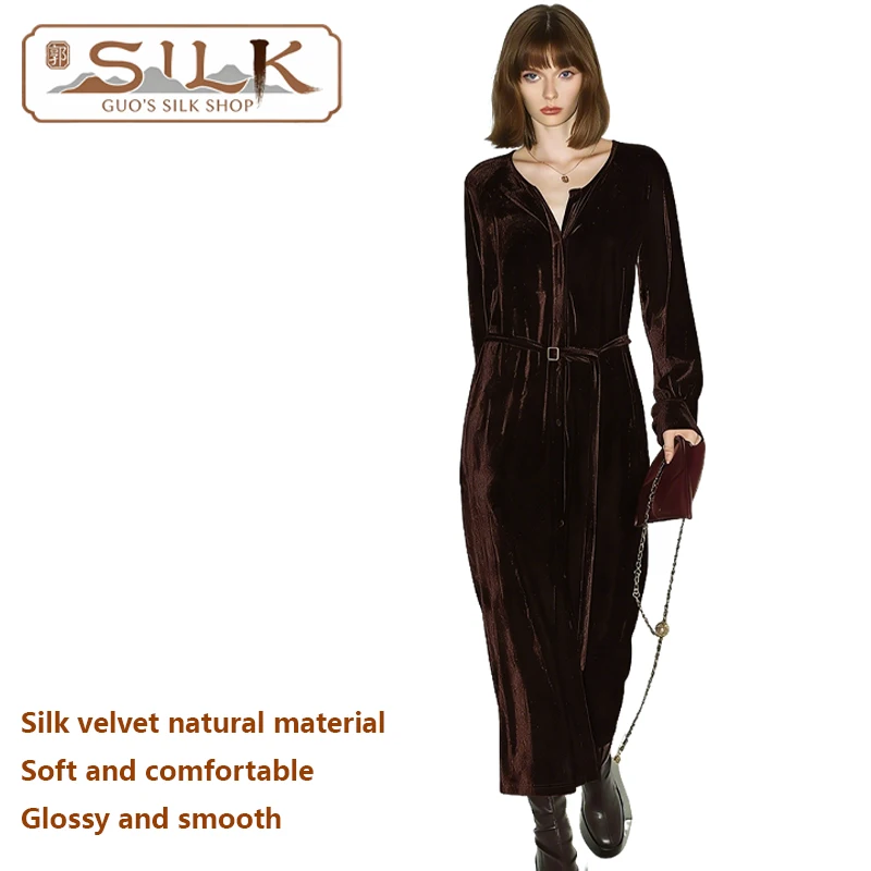 

Натуральное шелковое бархатное женское платье: элегантный стиль, длинный рукав, модное, деловое, повседневное, блестящее, гладкое, мягкое, легкое