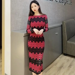 Spring Clothing New Striped Slimming Feminine Style Commuting Noble Ins Style Slit Dress Long Skirt