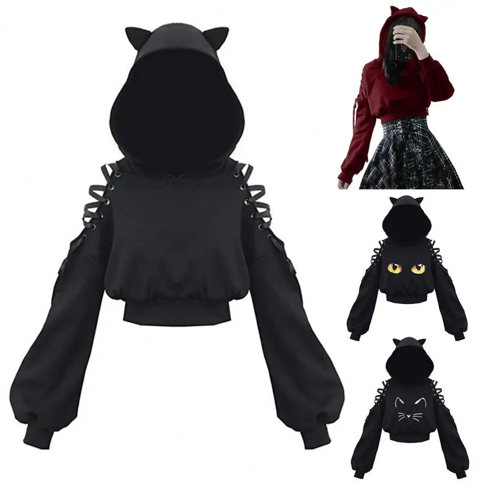 Women Loose Fit Halloween Sport Hoodie Hollow Out Lace-up Cold Shoulder Long Sleeve Cat Ear Decor Hooded Cropped Sweatshirt Tops