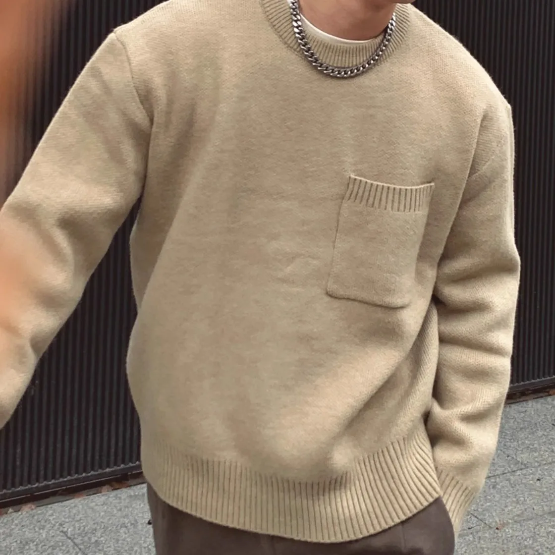

New Fashion Autumn Winter Men's Solid Color Casual Trendy Simple Basic Loose Pocket Knitted Sweater Pullovers Male Clothes Tops