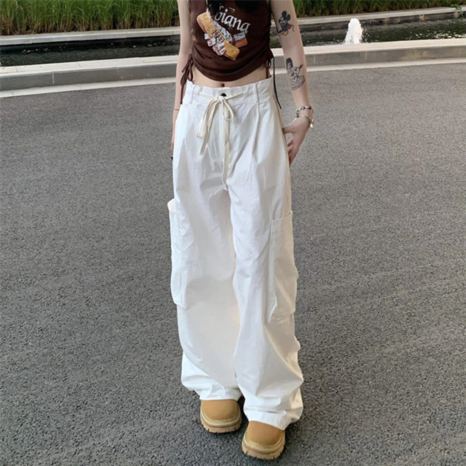 Women Casual Wide Leg Cargo Pants Y2k Oversize Drawstring Pockets Baggy Trouser Vintage Streetwear Low Waist Joggers Pants White