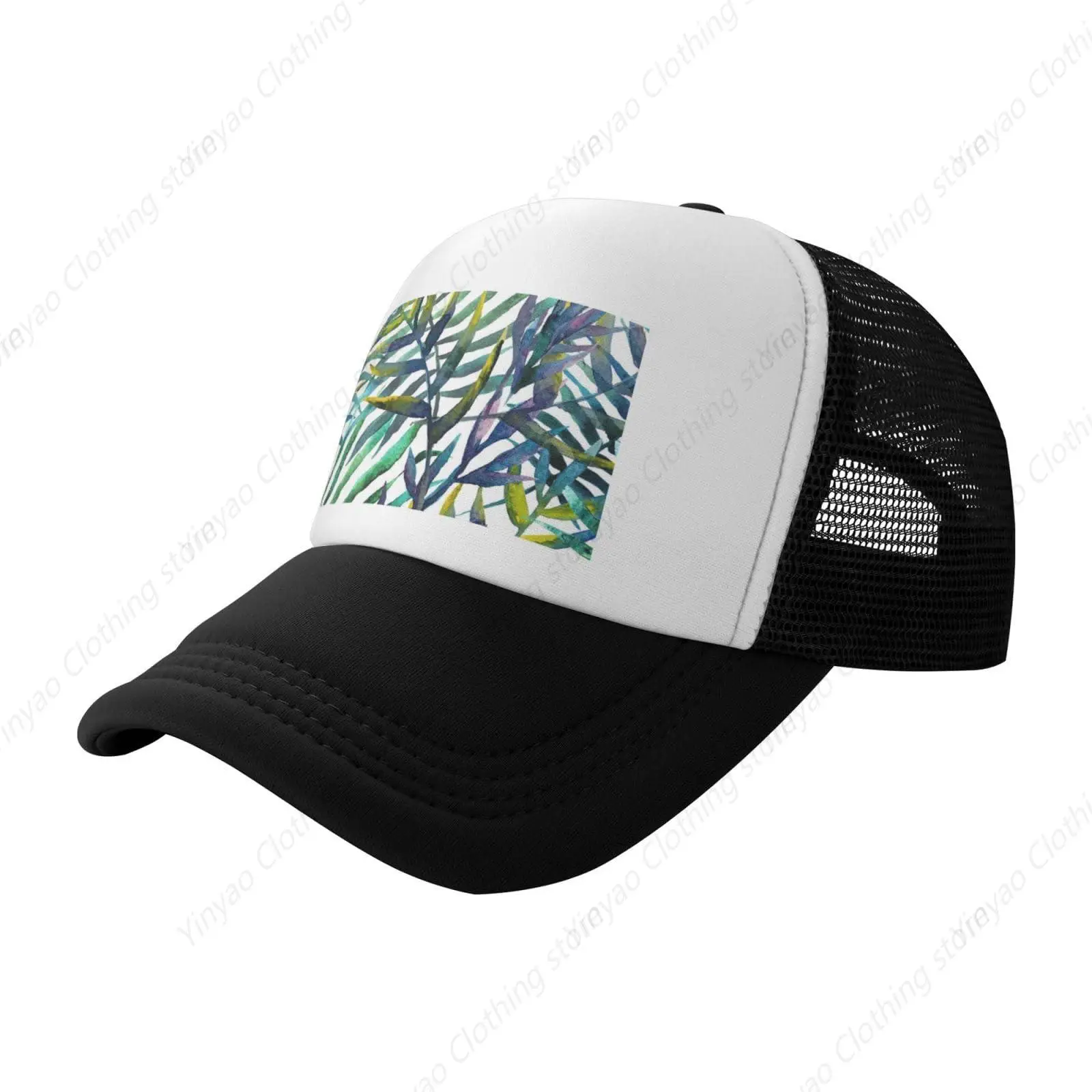 Island Vegetation Colored Palm Leaf Print Black Mesh Breathable Baseball Cap Sun Hat For Men And Women Outdoor Sports Truck Cap