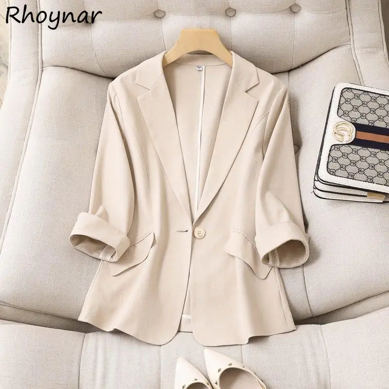 Three Quarter Solid Slim Blazer Women Fashion Single Button Korean Style Spring Summer Fashion Leisure Simple Female Office Suit