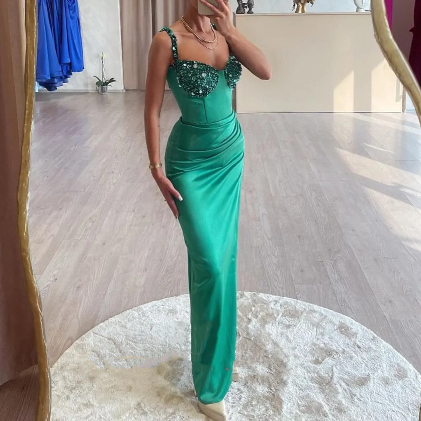 

Vinca Sunny Green Mermaid Evening Dresses Sequines Straps Pleated Women Satin Fishtail Formal Prom Gowns Special Party Dresses