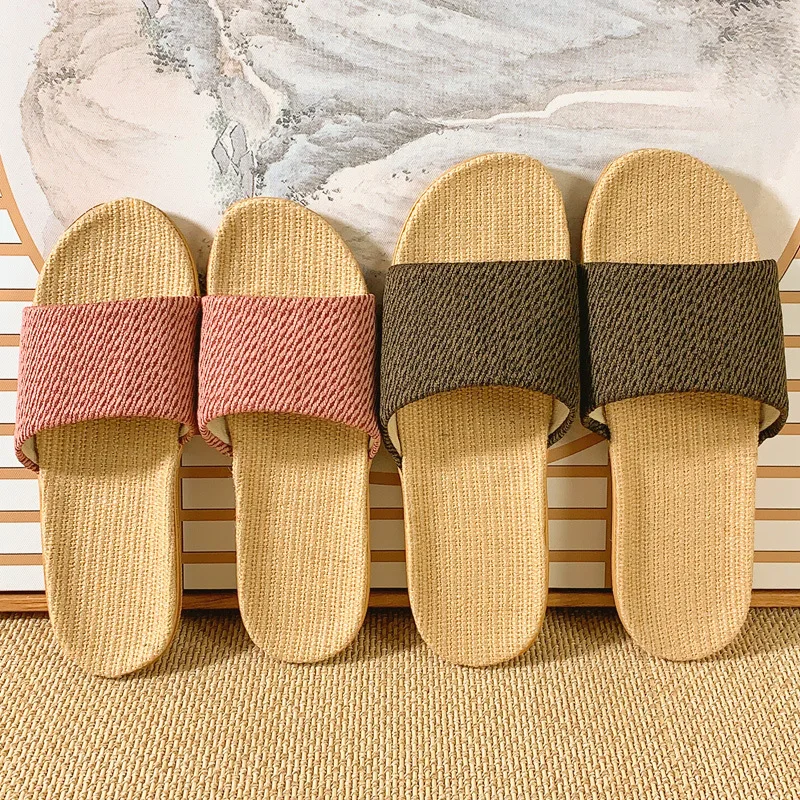 2024 Summer New Linen Slippers Couple Summer Thick Bottom Slippers Home Indoor Comfortable Non slip Slippers