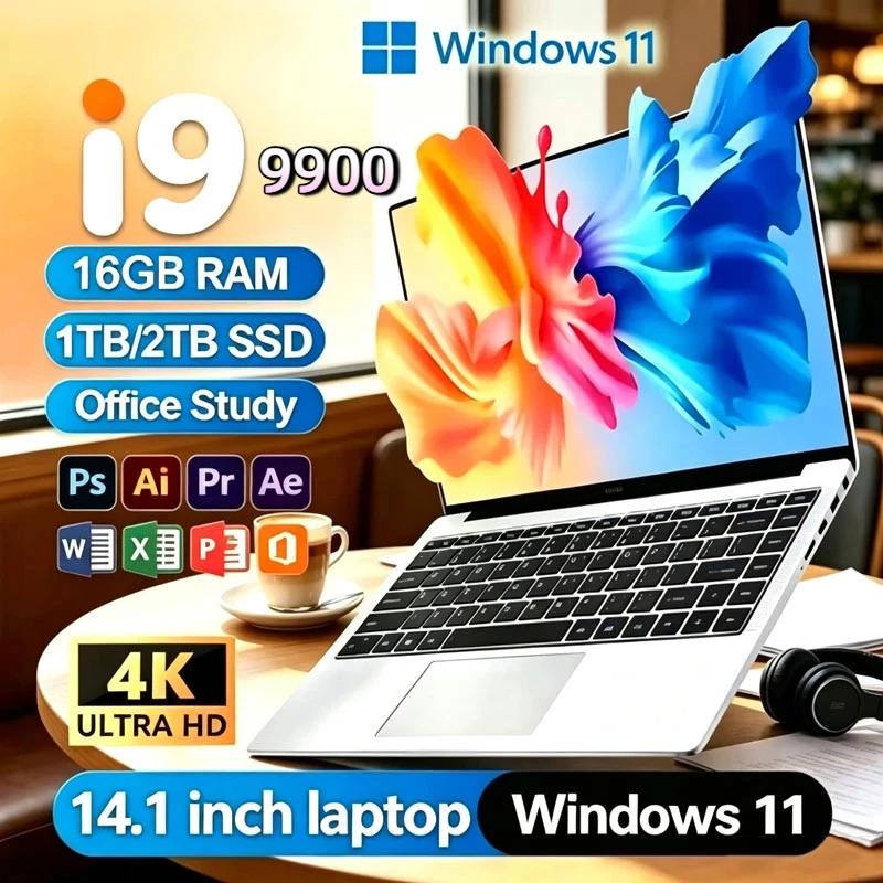 2026 New Laptop 14.1 Inch Windows 11 Intel Core I9 9900 16GB RAM 1TB 2TB SSD Fingerprint Unlock Study Office Pc Gaming Laptops